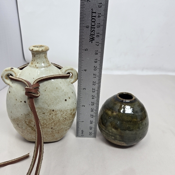Pottery Handmade Vintage Japenese Small & Medium Vases Tan-leather Tie & Green - Picture 9 of 12